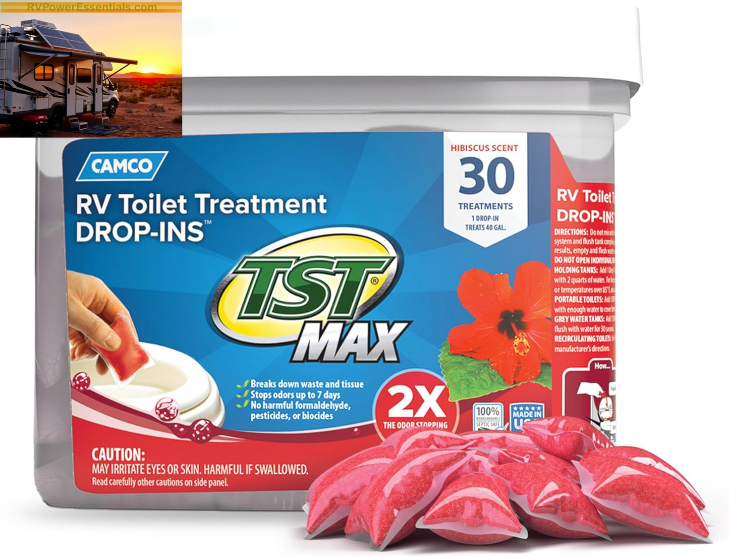 Camco TST MAX RV Toilet Treatment Drop-Ins – Odor Control & Waste Breakdown – RV Power Essentials