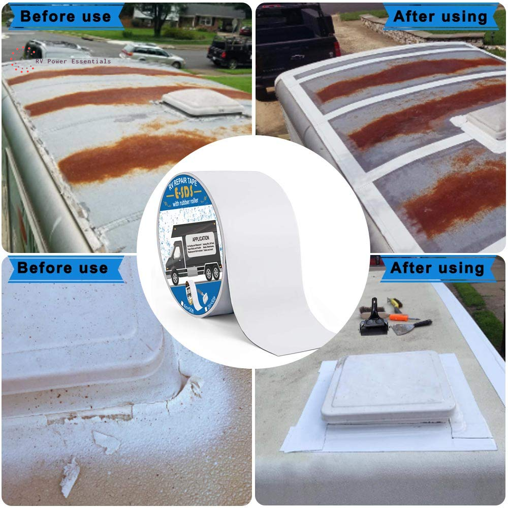 E-SDS RV Roof Tape 4” X 50’ with Rubber Roller - Waterproof RV Sealant Tape for Roof Repair, Window, Boat Sealing, Trailer, and Camper Leaks - RV Power Essentials