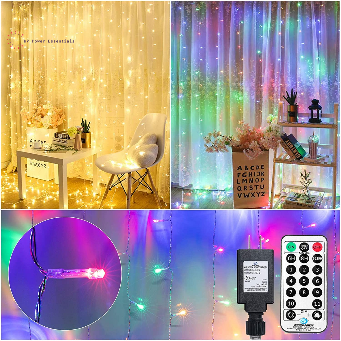 Brightown LED Curtain String Lights – Waterproof Hanging Lights with Remote & Timer, 8 Modes – RV Power Essentials