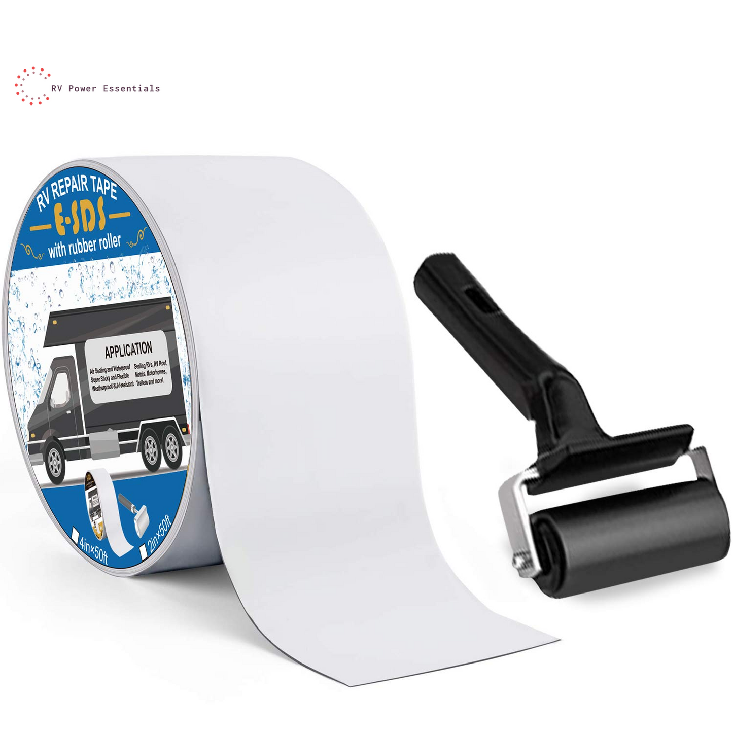 E-SDS RV Roof Tape 4” X 50’ with Rubber Roller - Waterproof RV Sealant Tape for Roof Repair, Window, Boat Sealing, Trailer, and Camper Leaks - RV Power Essentials