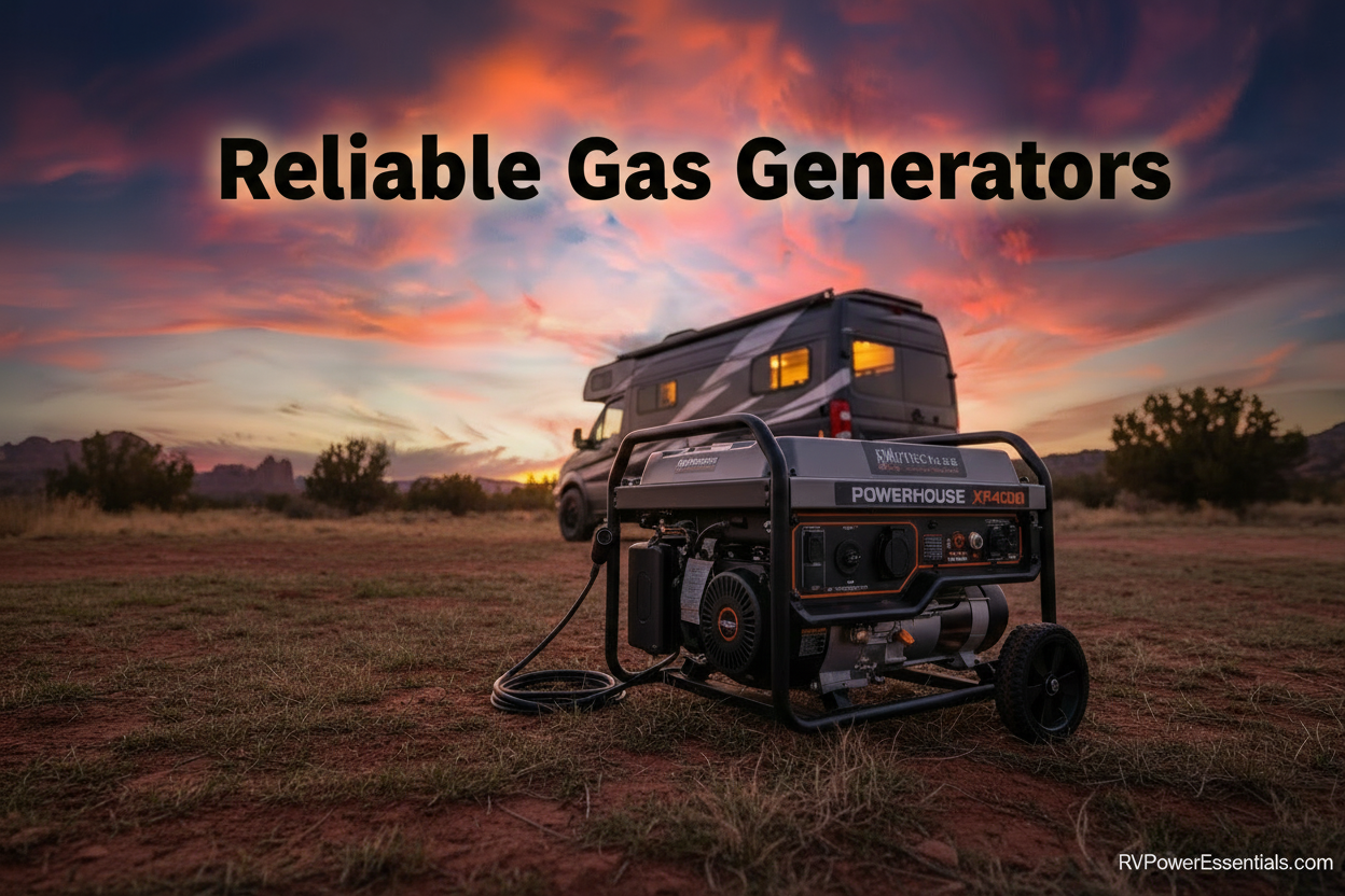 reliable gas generator next to the camper that the generator is powering at sunset 