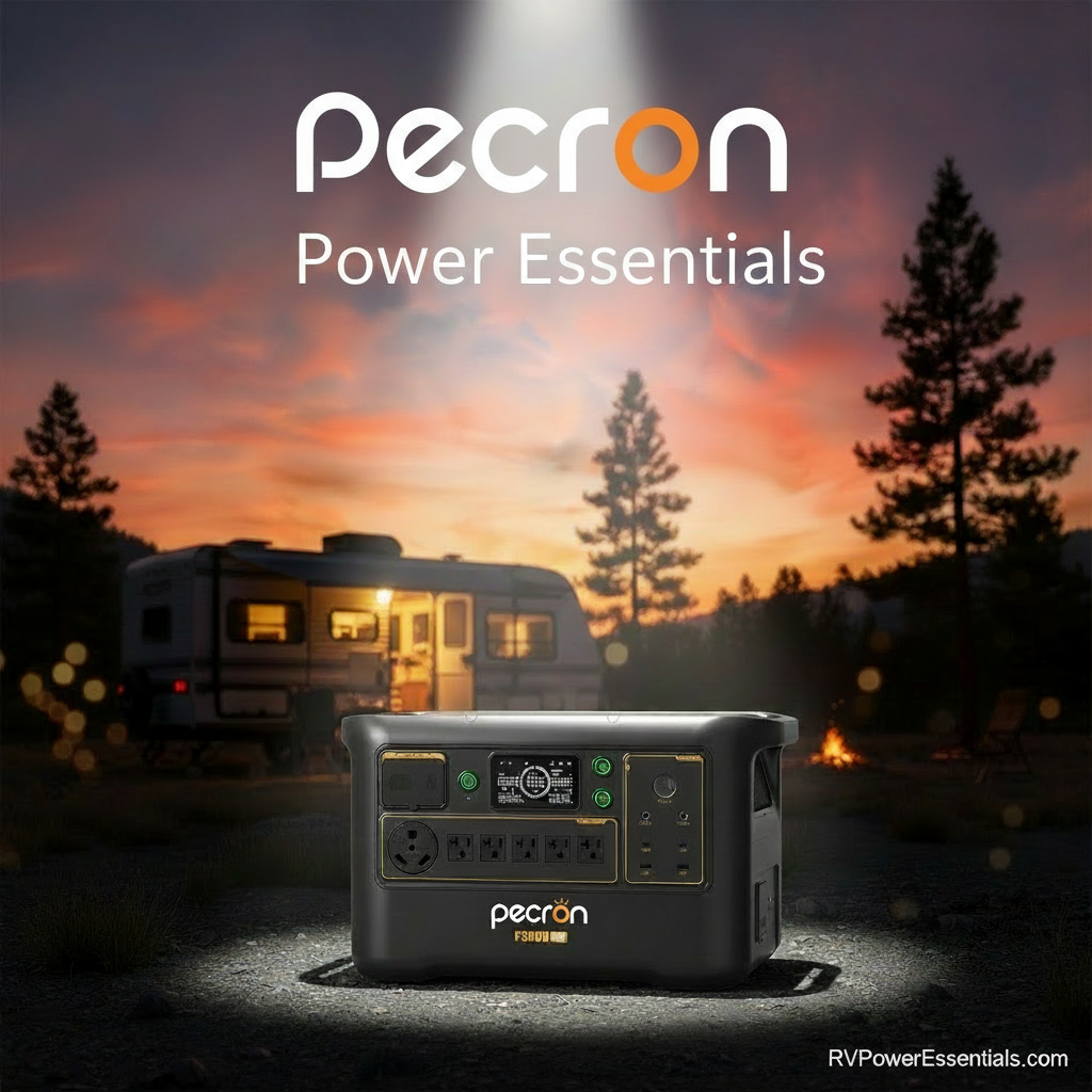 pecron power essentials collection cover image showcasing the power station in front of a rv camper while effortlessly powering the campsite