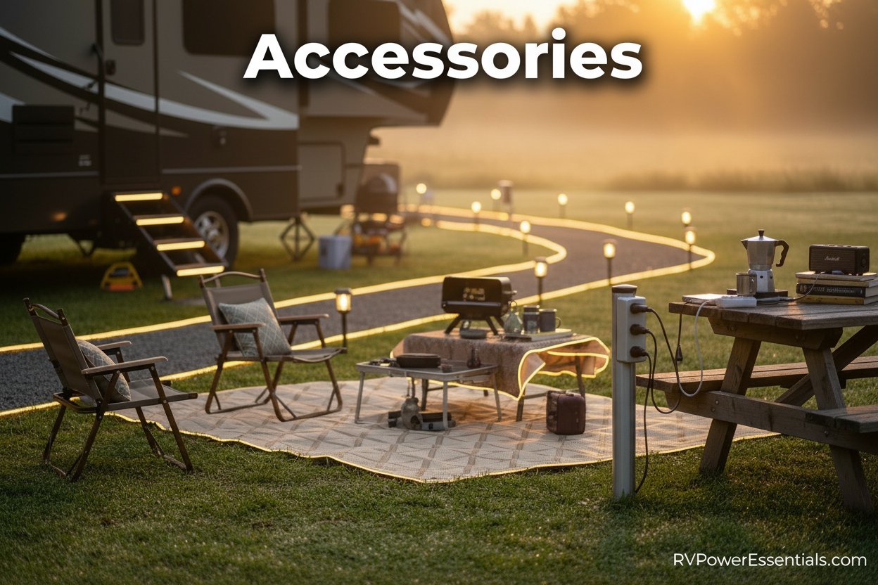 campsite filled with accessories and luxuries of glamping
