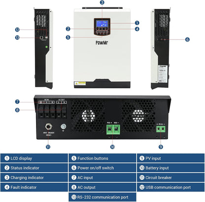 24V Inverter Hybrid All-In-One Solar Inverter, 220V Pure Sine Wave Inverter with 50A PWM Solar Controller Able to Use Utility/Generator/Solar Charge Charge Battery, Work with 24 Deep-Cycle Lead Acid