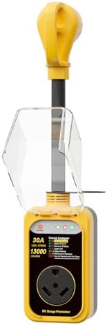 Yellow and black electrical surge protector with a clear plastic cover on a white background