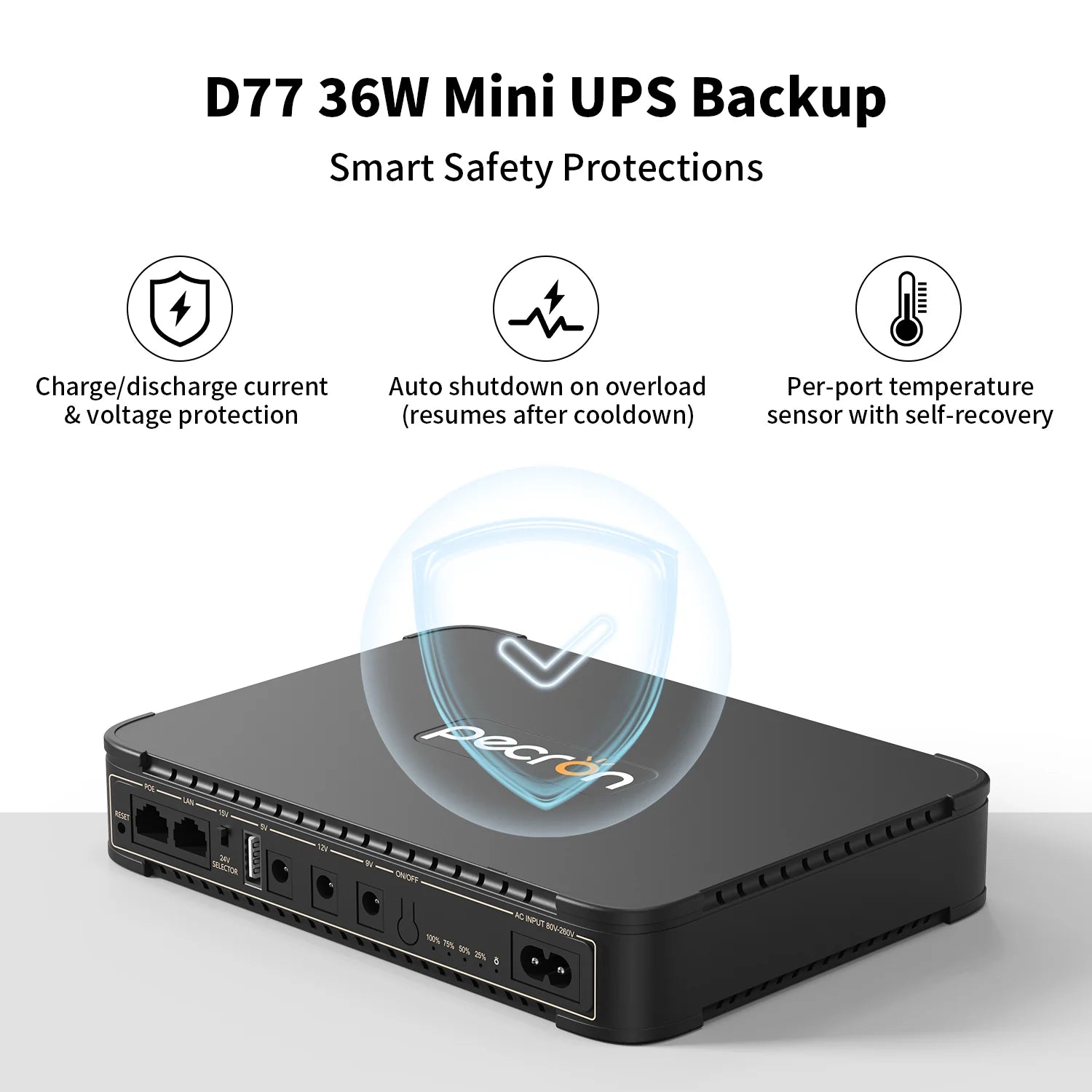 Pecron D77 DC UPS Battery Backup, 76.96Wh Small UPS for Wifi Router/Modem/Security Camera/Phone, with Poe Port, 5V/9V/12V