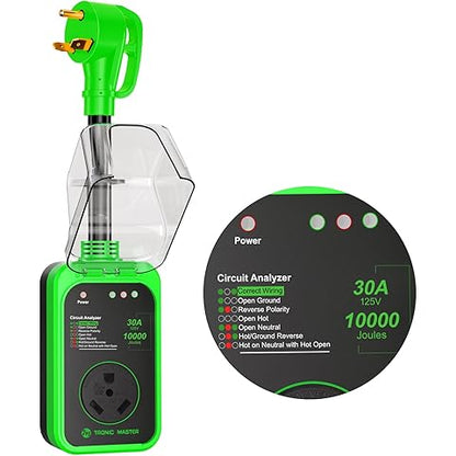 Green electrical circuit analyzer with power display on a white background