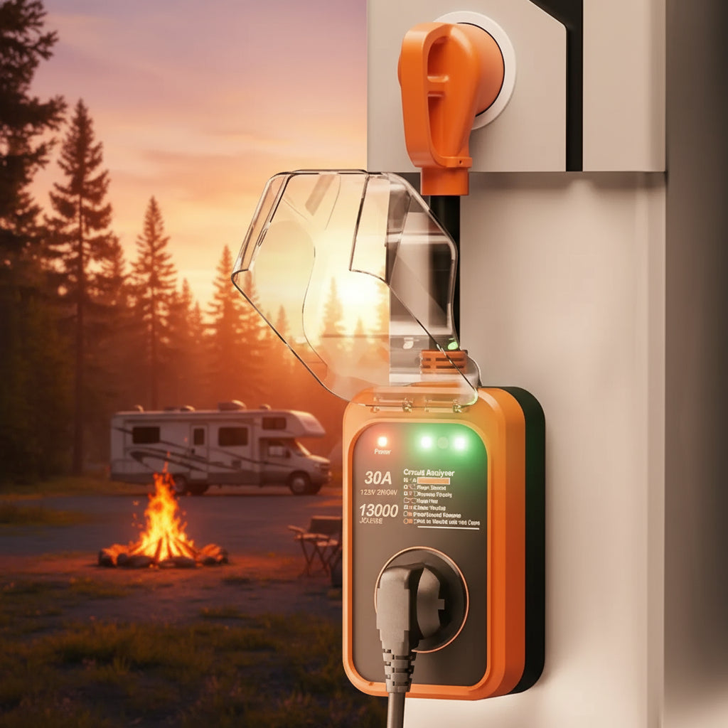 surge protector plugged in with a recreational vehicle partially visible in the background