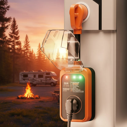 surge protector plugged in with a recreational vehicle partially visible in the background