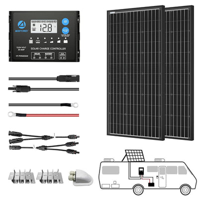 200 Watts 12/24 Volts Monocrystalline Panel Solar RV Kits with 20A PWM LCD Charge Controller/Mounting Brackets/Y Connectors/Solar Cables/Cable Entry Housing (2X100W Kit)