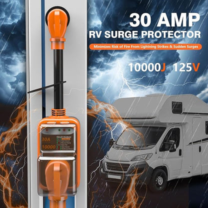 30 Amp RV Surge Protector with a background of an RV and lightning effects