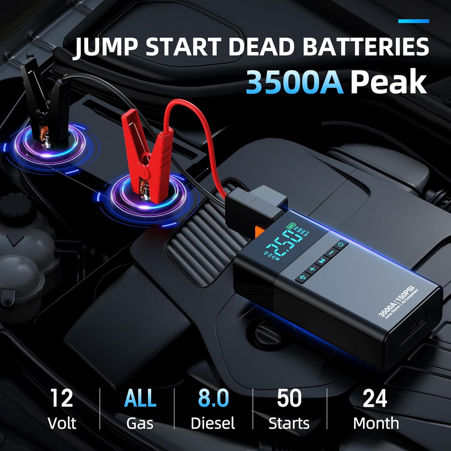 Portable Car Jump Starter with Air Compressor, 3500A 150PSI Car Battery Jump Starter Battery Pack (All Gas/10L Diesel), 12V Car Jump Box Car Battery Jumper Starter, Large LCD Display, 2 Lights