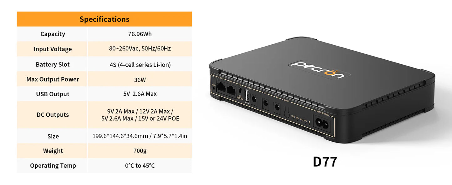Pecron D77 DC UPS Battery Backup, 76.96Wh Small UPS for Wifi Router/Modem/Security Camera/Phone, with Poe Port, 5V/9V/12V