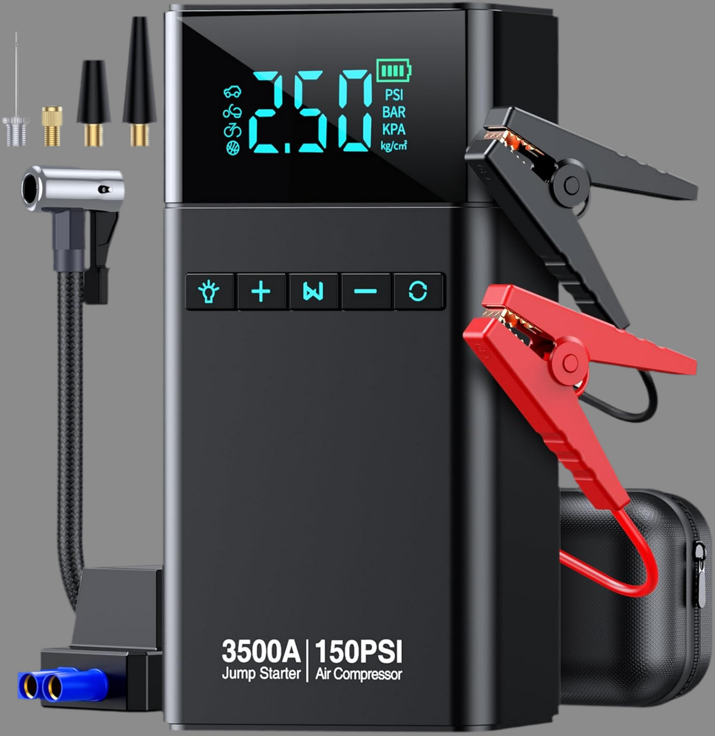 Portable Car Jump Starter with Air Compressor, 3500A 150PSI Car Battery Jump Starter Battery Pack (All Gas/10L Diesel), 12V Car Jump Box Car Battery Jumper Starter, Large LCD Display, 2 Lights - RVPowerEssentials.com