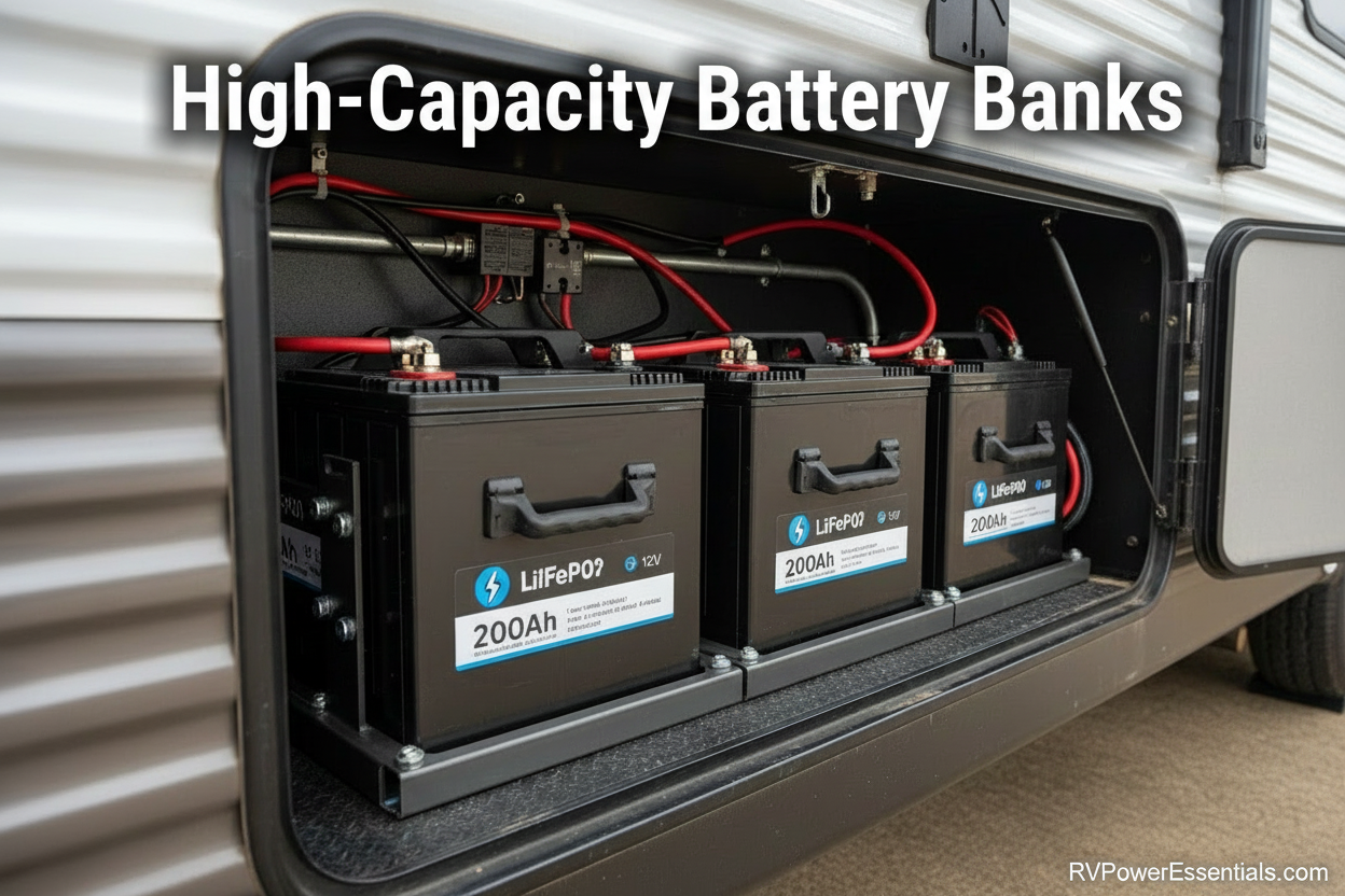 High-Capacity Battery Banks in the cargo area of an RV or camper 