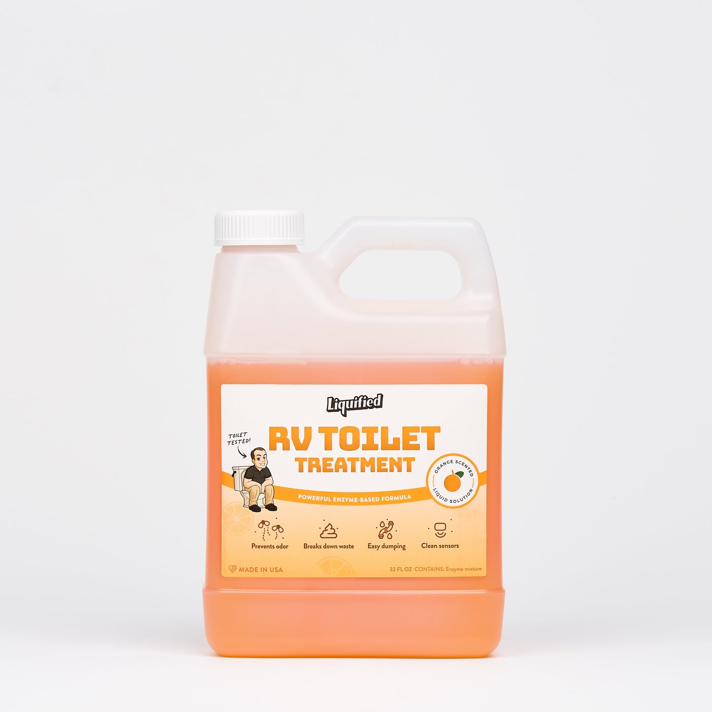 RV Toilet Treatment container with label on a white background