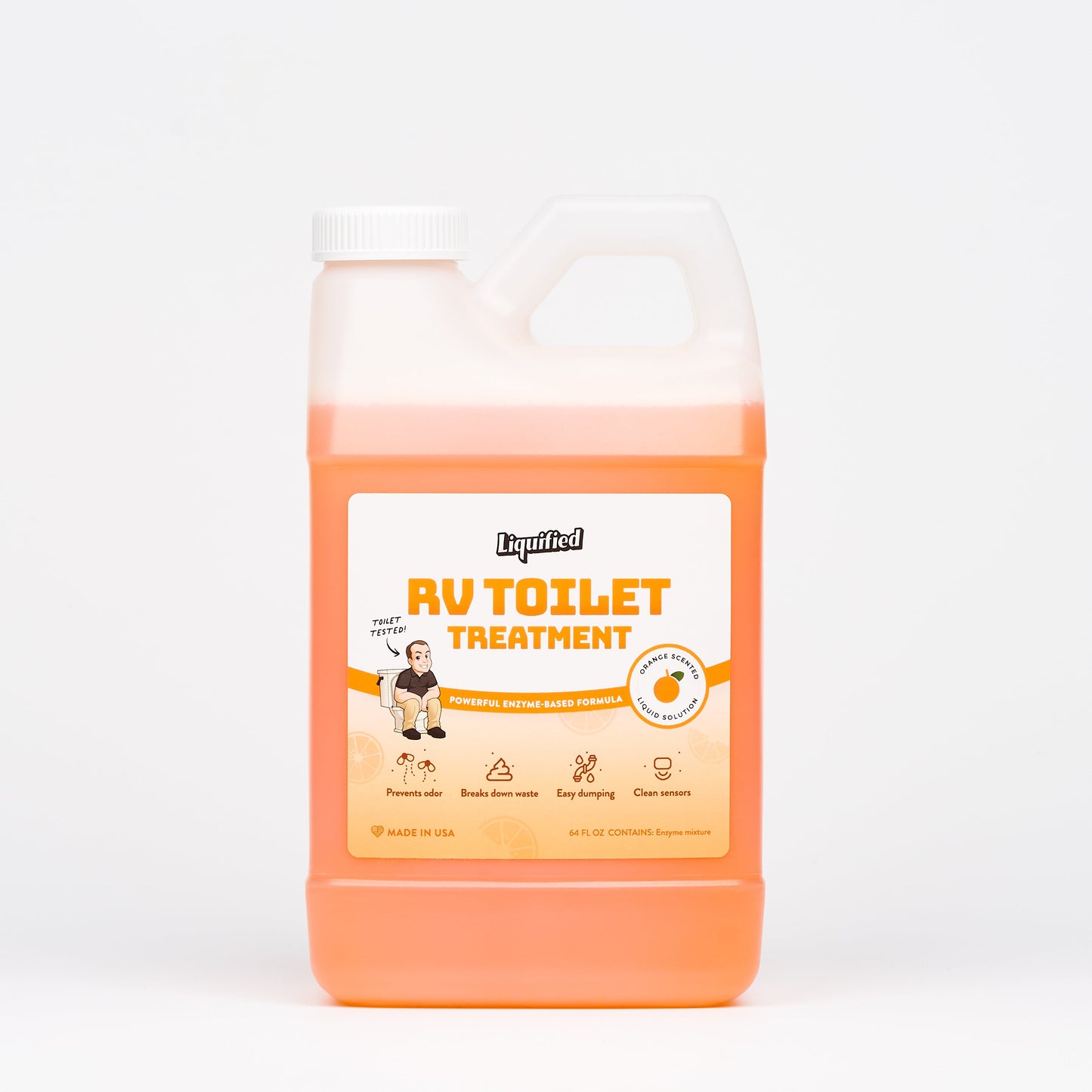 RV toilet treatment container with a white and orange gradient on a white background