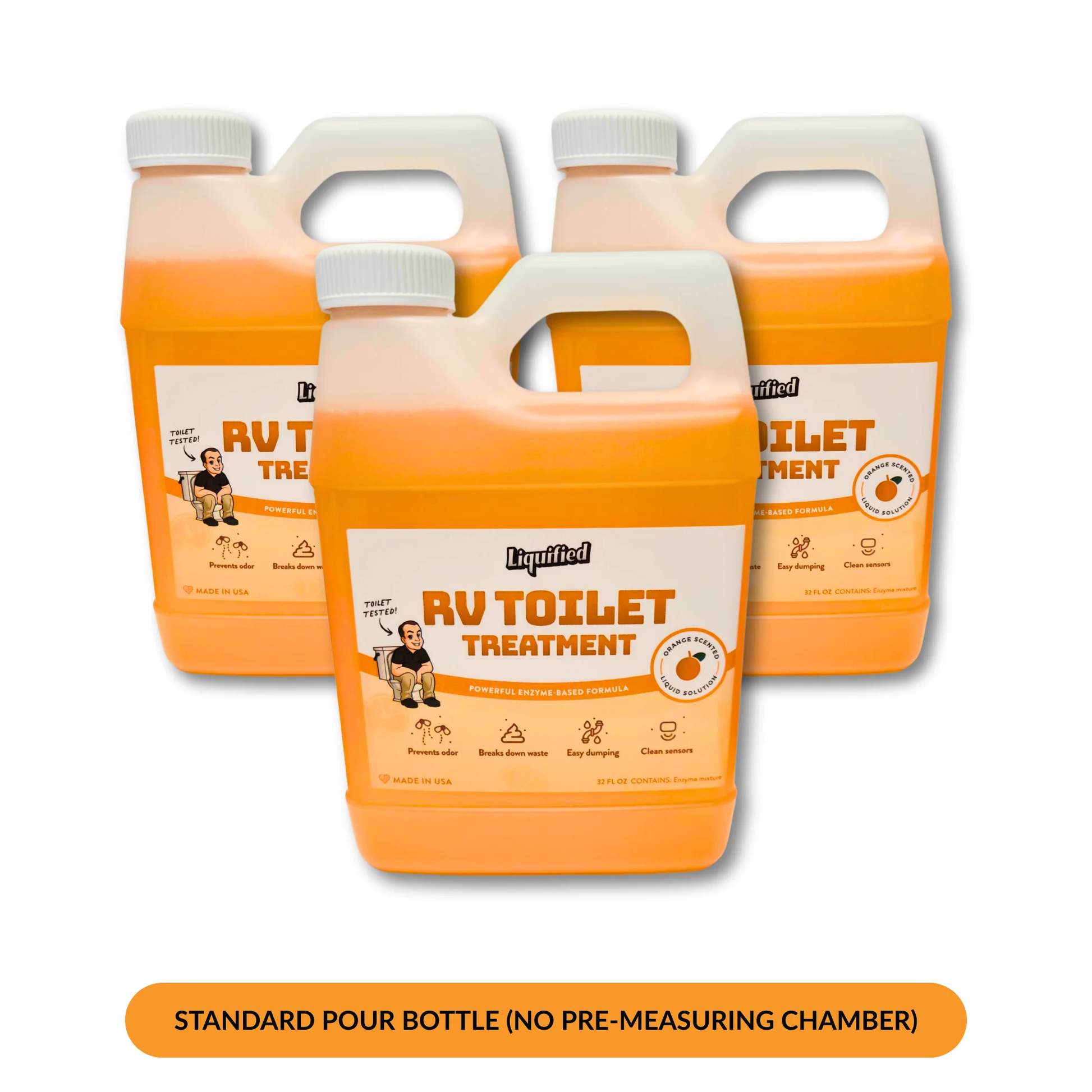 Four bottles of RV Toilet Treatment on a white background