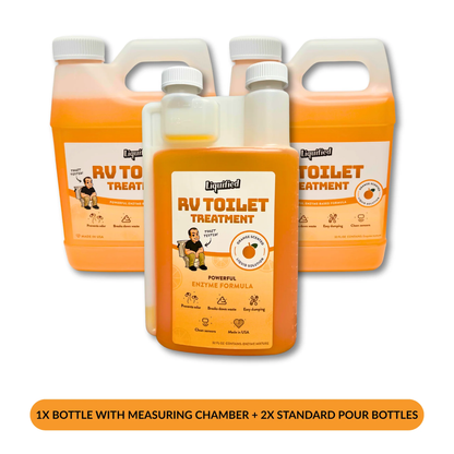 Three bottles of RV Toilet Treatment with a measuring chamber on a white background