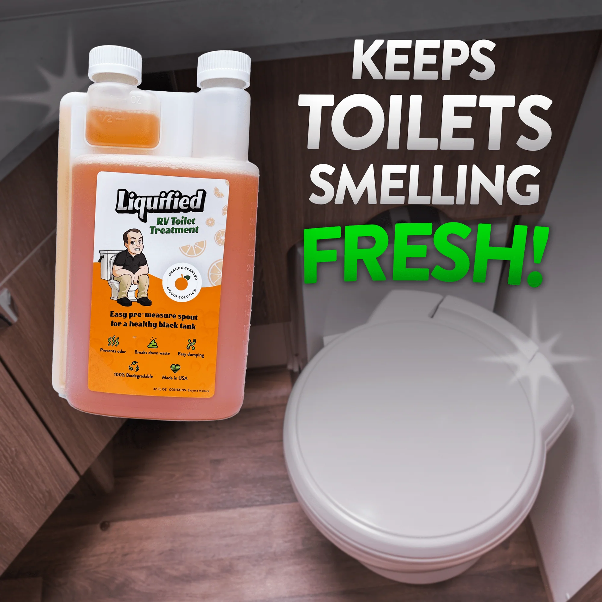 RV toilet treatment product with text 'Keeps toilets smelling fresh' next to a toilet.