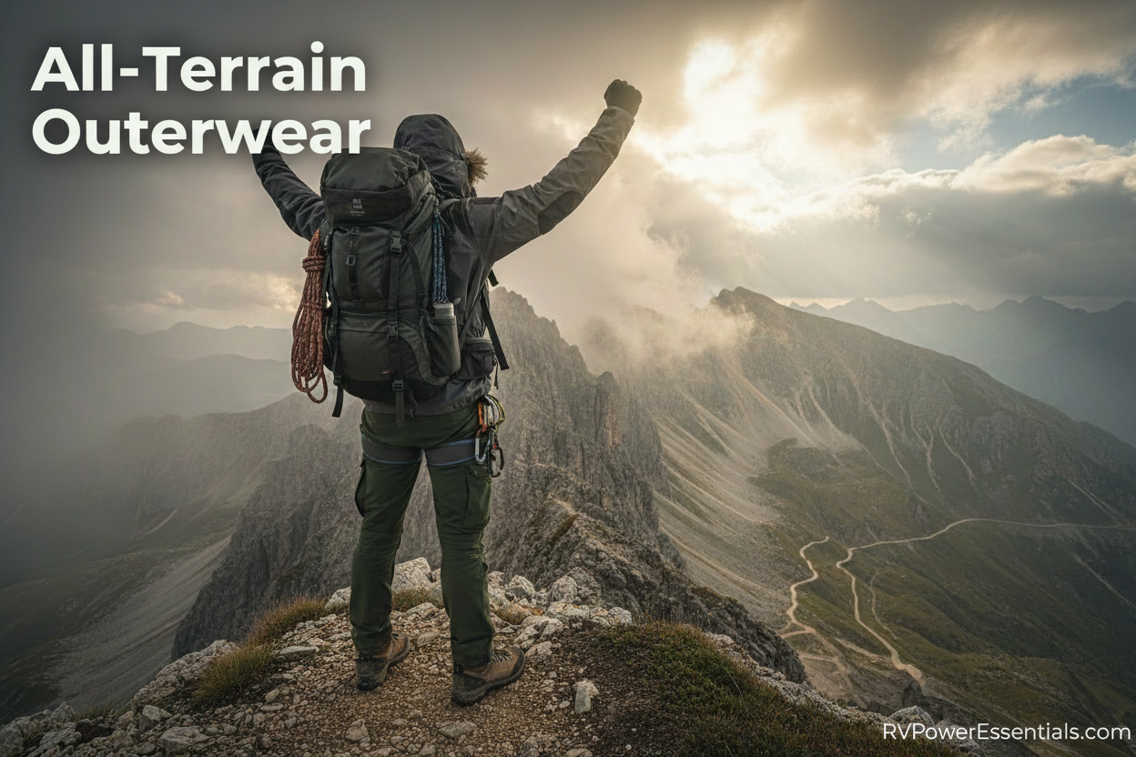 hiker dressed in all weather gear ascending up a mountain in  weather 