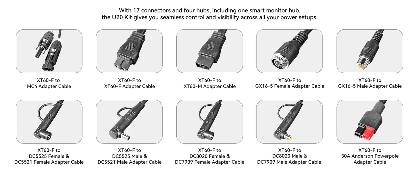 PECRON U20 Universal Cable Kit with 17 Different Adapter Cables for Power Station, Solar Panel