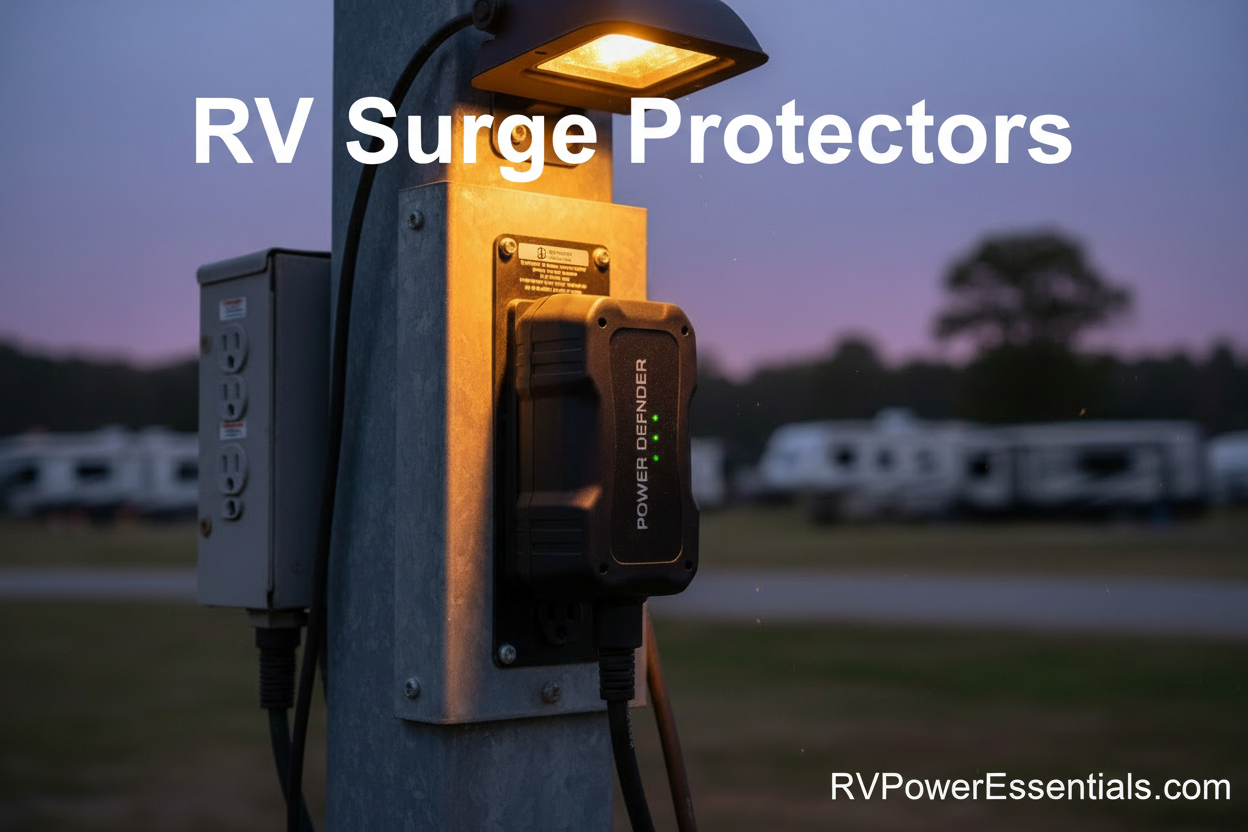 Power cord plugged into a electrical outlet at a campground with RVs in the background.