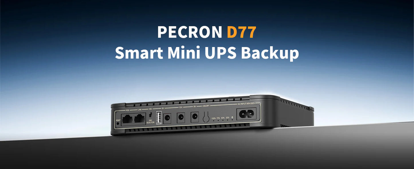 Pecron D77 DC UPS Battery Backup, 76.96Wh Small UPS for Wifi Router/Modem/Security Camera/Phone, with Poe Port, 5V/9V/12V