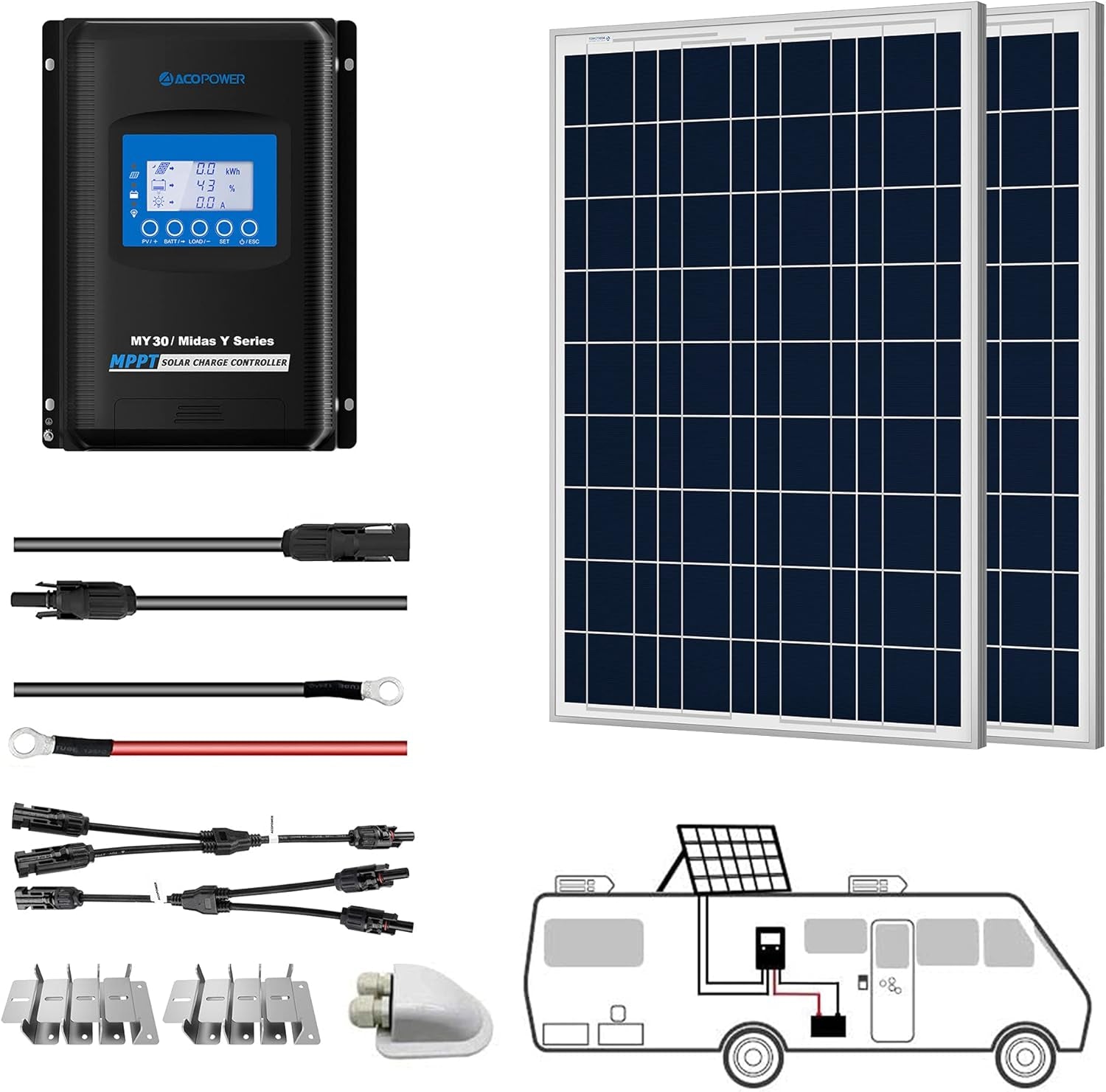 200 Watt Solar Panel Kit, 2 Pcs 100W Polycrystalline Off-Grid System for RV Home Marine with 30A MPPT Charger Controller/Z-Brackets/Y Connectors/Solar Cables/Cable Entry Housing