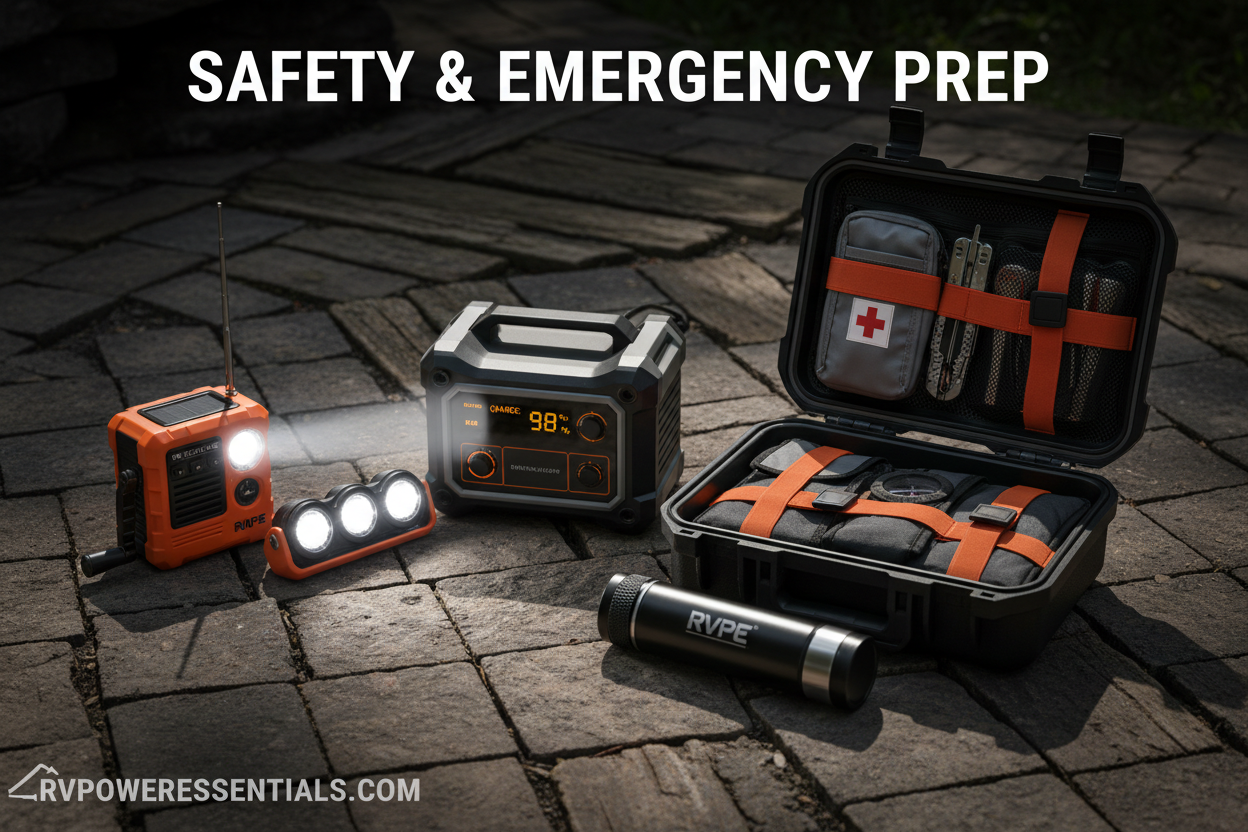 generate an image showcasing the "safety and emergency prep" collection on our website RVPowerEssentials.com showcase safety and emergency products such as  outdoor lights and small power stations, emergency radio flashlight combo and survival kits and outdoor water filter and other safety and emergency items in mind for the image generation, thank you for doing the best you can