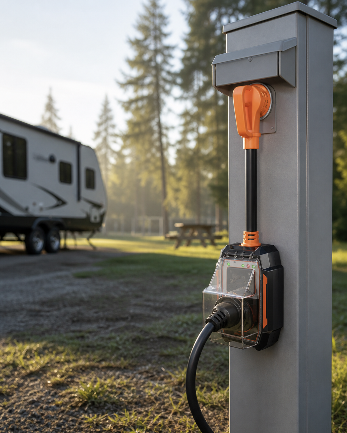 30 amp RV smart surge protector correctly connected at a campground power pedestal, with a clear waterproof cover protecting the RV cord connection.