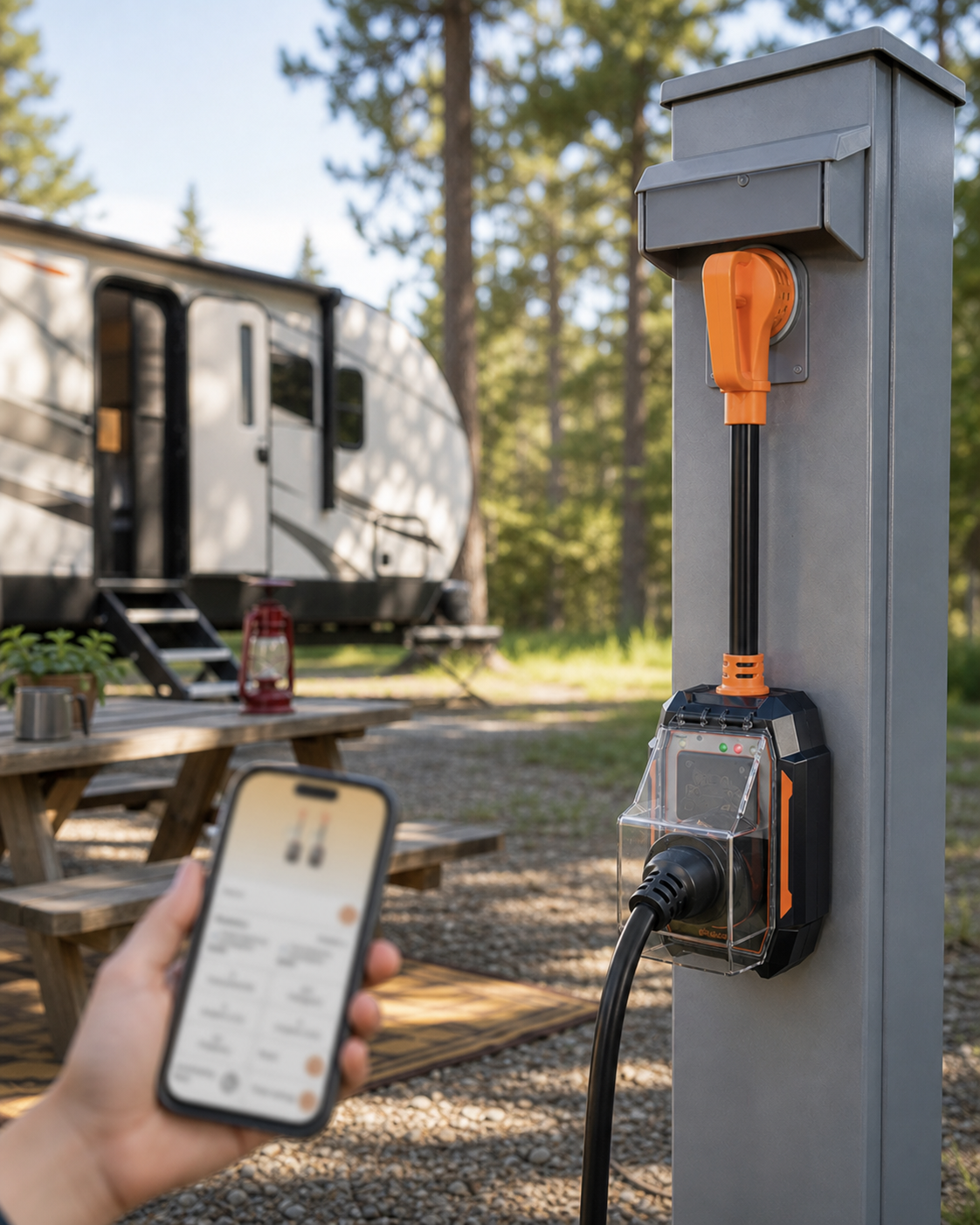 30 amp RV smart surge protector correctly connected at a campground power pedestal with a clear cover over the protected cord connection.