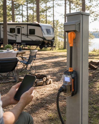 30 amp RV smart surge protector correctly connected at a campground pedestal in daylight, with a clear cover protecting the RV cord connection.