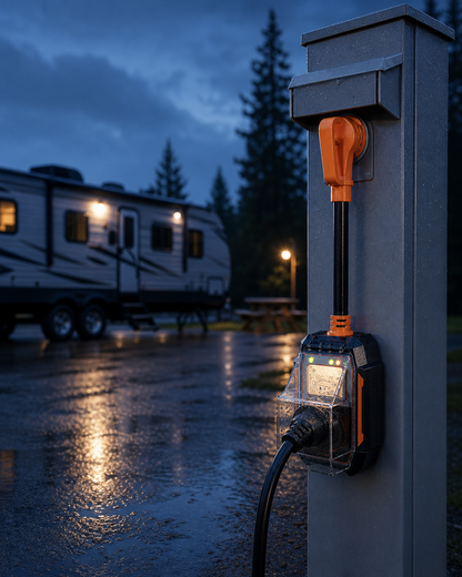 30 amp RV smart surge protector correctly connected at a campground pedestal on a rainy evening, with the display and status lights active.