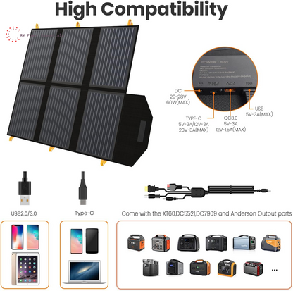 [Upgraded] Flexsolar 60W Portable Solar Panels Chargers QC3.0 USB-A USB-C DC5521 8Mm Output Foldable IP65 Waterproof Power Emergency Camping for Small Power Station Generator Tablets Battery Packs
