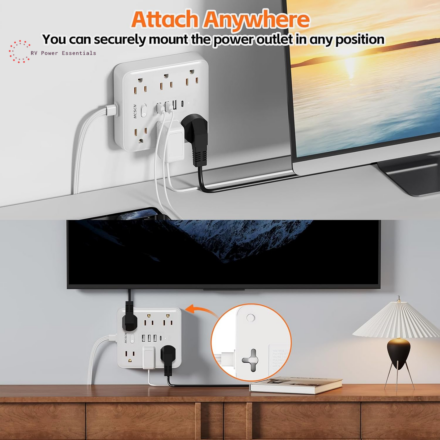 Portable Ultra Thin Flat Plug Surge Overload Protector Power Strip 5Ft Extension Cord with 6 AC Power Outlets 4 USB (1C) for Home Office Dorm Travel Essentials Fire and Reach 15A 1875W UL