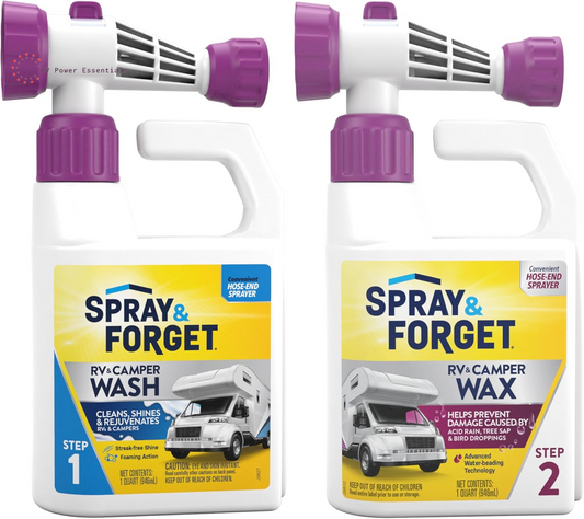 Spray & Forget RV & Camper Wash + Wax Combo | 2-Pack (1 Qt Each) Ready-to-Use Hose-End System | Cleans, Shines & Protects Your RV Exterior with Effortless Application