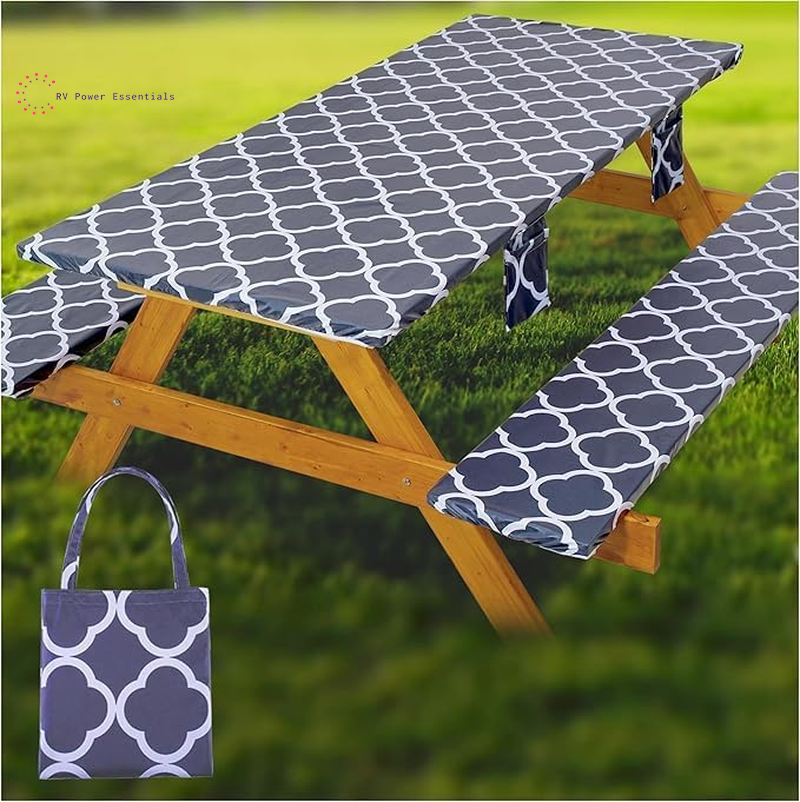 Fitted Waterproof Vinyl Picnic Table & Bench Cover Set – Elastic Edge, Spill-Proof, Easy-Clean Design | Perfect for RV Trips, Camping, Tailgates & Outdoor Adventures