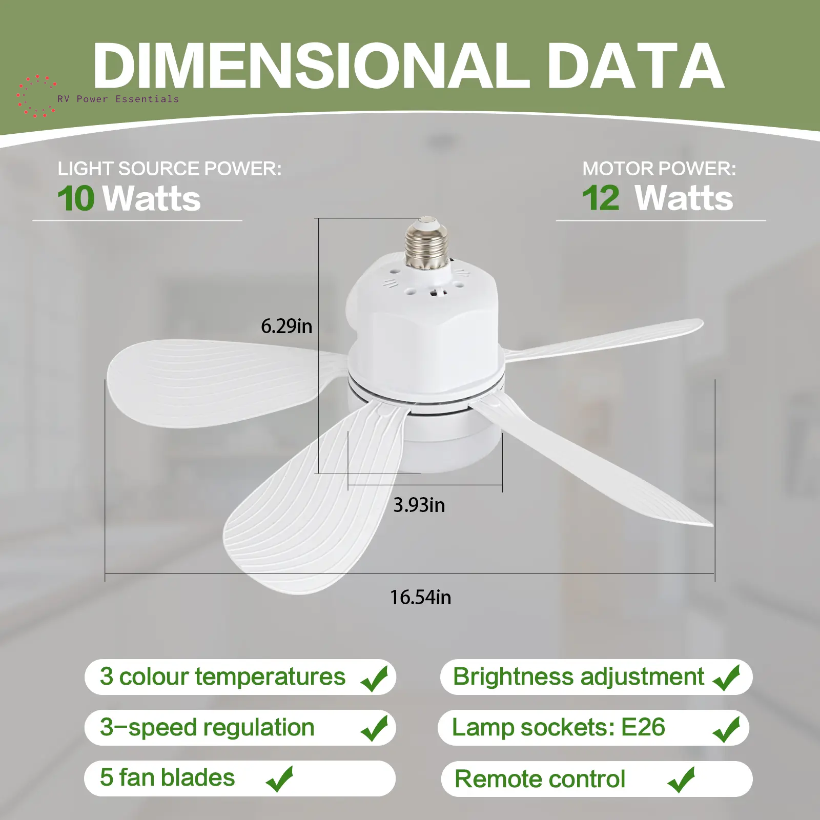 Screw-In RV Socket Fan Light with Remote — E26/E27 Dimmable Ceiling Fan, 1000 Lumens