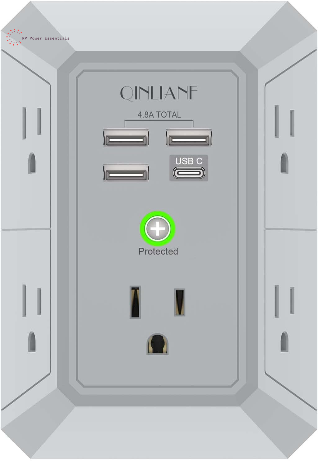 QINLIANF 5-Outlet Surge Protector with 4 USB Ports (4.8A Total), 3-Sided Power Strip, 1680J, Multi Plug Adapter for Home, Travel, Office (3U1C)