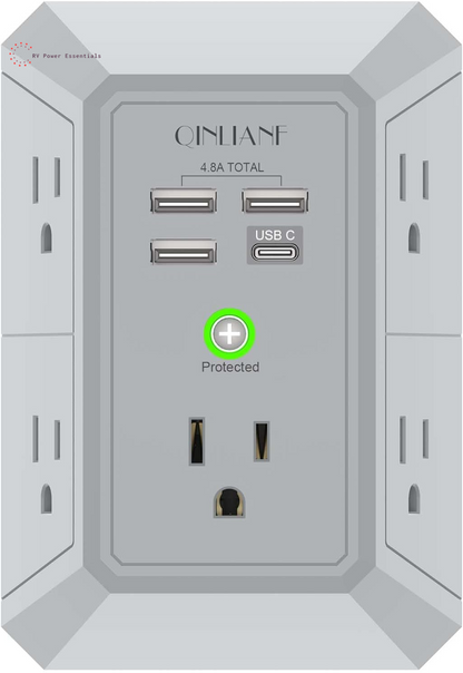 QINLIANF 5-Outlet Surge Protector with 4 USB Ports (4.8A Total), 3-Sided Power Strip, 1680J, Multi Plug Adapter for Home, Travel, Office (3U1C)