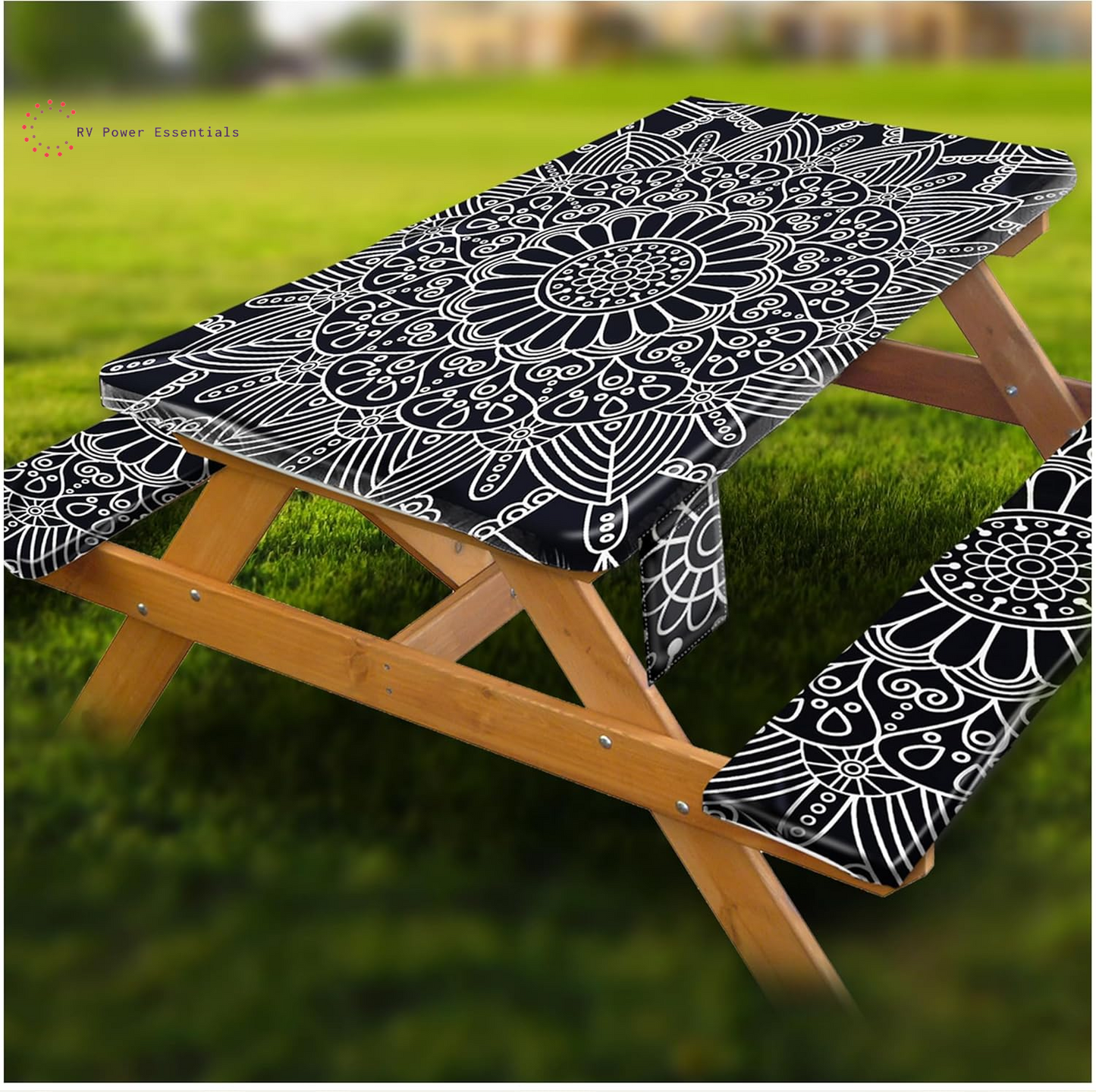 Fitted Waterproof Vinyl Picnic Table & Bench Cover Set – Elastic Edge, Spill-Proof, Easy-Clean Design | Perfect for RV Trips, Camping, Tailgates & Outdoor Adventures