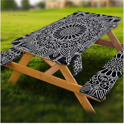 Fitted Waterproof Vinyl Picnic Table & Bench Cover Set – Elastic Edge, Spill-Proof, Easy-Clean Design | Perfect for RV Trips, Camping, Tailgates & Outdoor Adventures