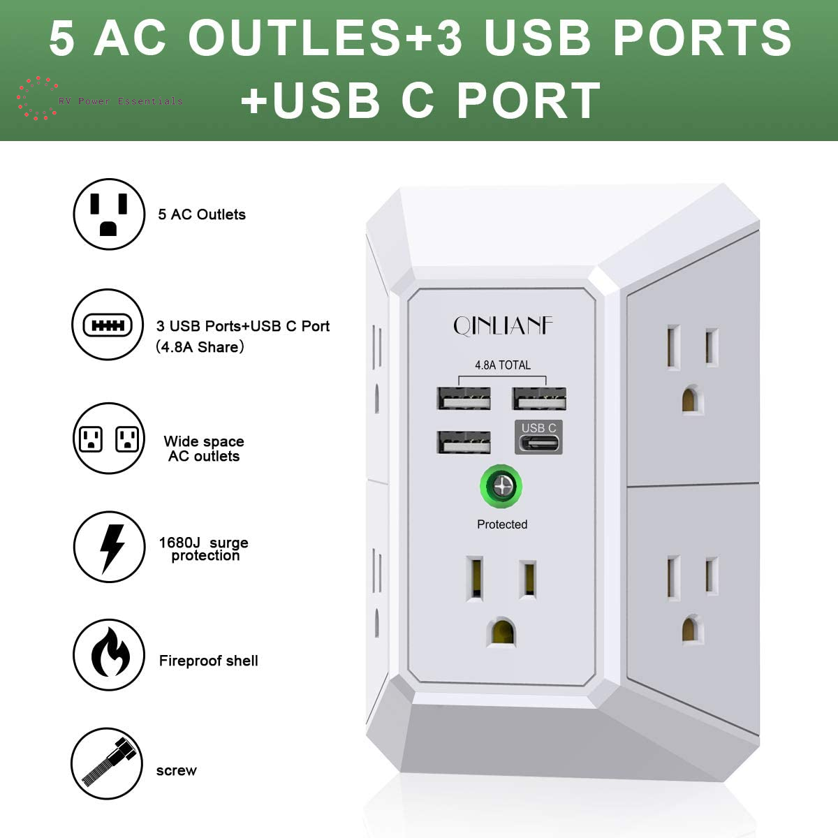 QINLIANF 5-Outlet Surge Protector with 4 USB Ports (4.8A Total), 3-Sided Power Strip, 1680J, Multi Plug Adapter for Home, Travel, Office (3U1C)