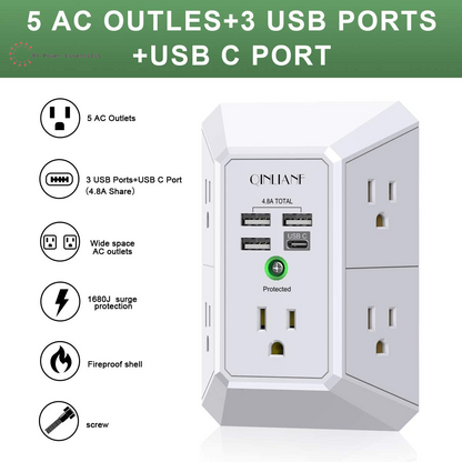 QINLIANF 5-Outlet Surge Protector with 4 USB Ports (4.8A Total), 3-Sided Power Strip, 1680J, Multi Plug Adapter for Home, Travel, Office (3U1C)