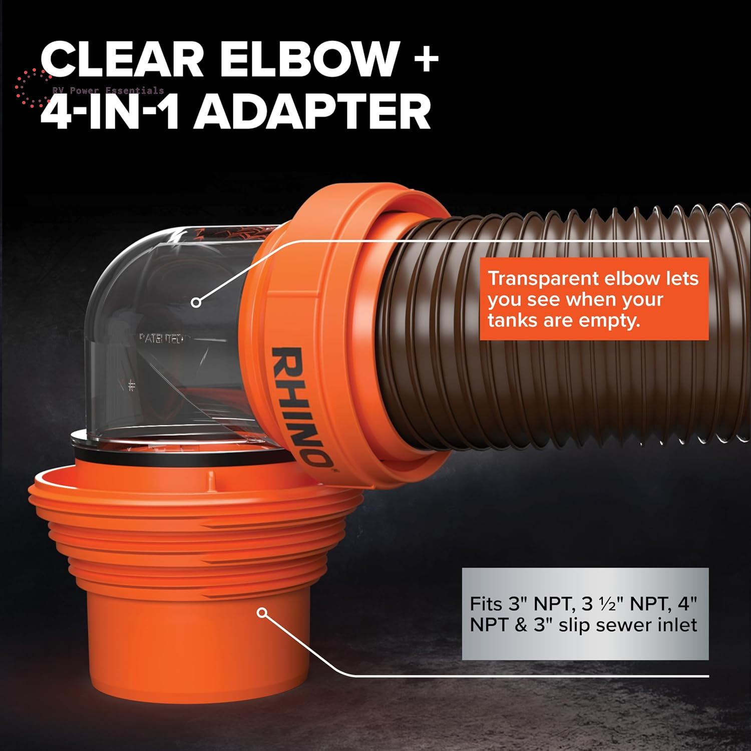 Camco RhinoFLEX 15-Foot RV Sewer Hose Kit with Clear Elbow & 4-in-1 Adapter – Heavy-Duty Flexible RV Dump Hose System