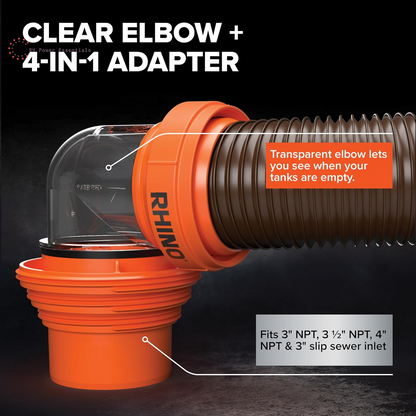 Camco RhinoFLEX 15-Foot RV Sewer Hose Kit with Clear Elbow & 4-in-1 Adapter – Heavy-Duty Flexible RV Dump Hose System