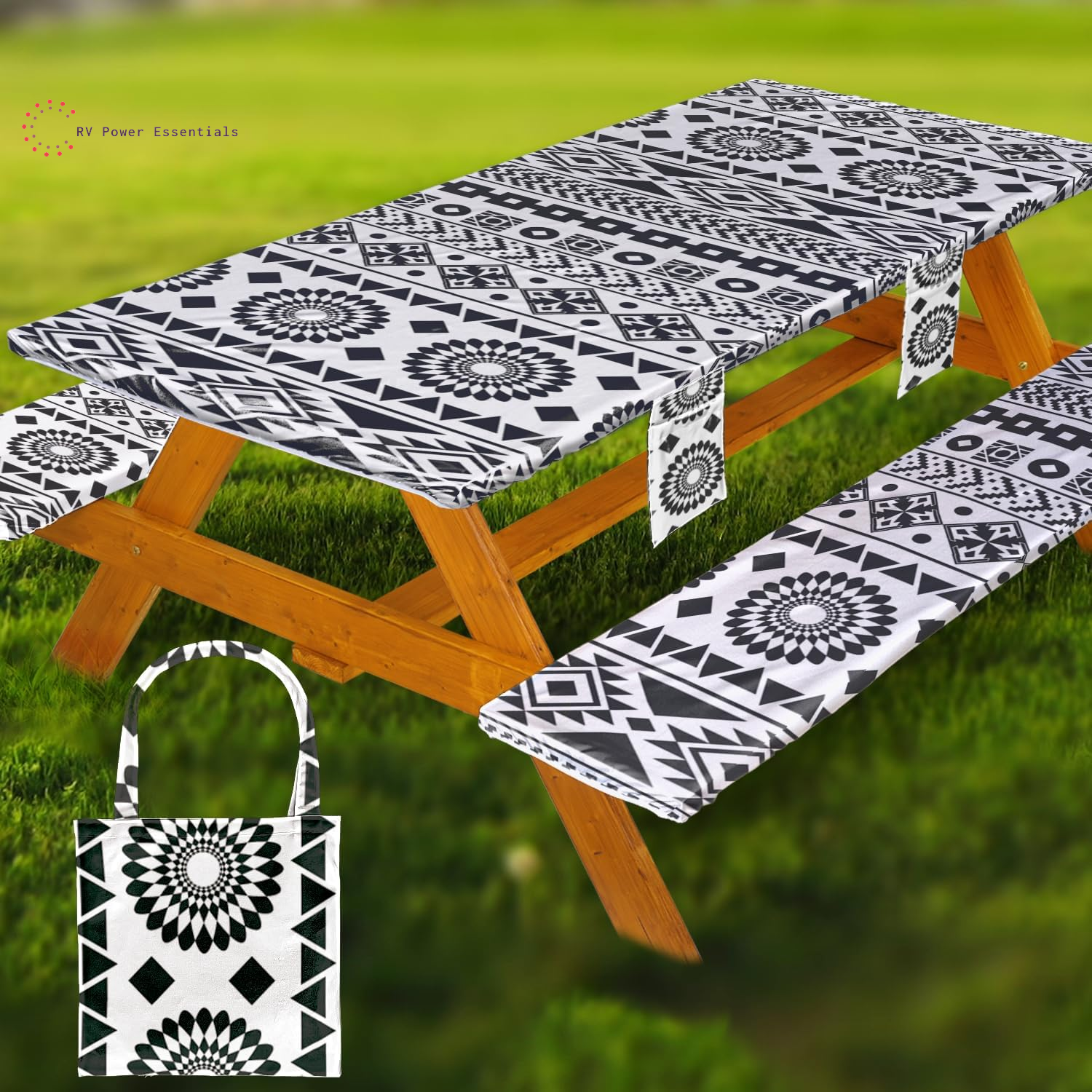 Fitted Waterproof Vinyl Picnic Table & Bench Cover Set – Elastic Edge, Spill-Proof, Easy-Clean Design | Perfect for RV Trips, Camping, Tailgates & Outdoor Adventures
