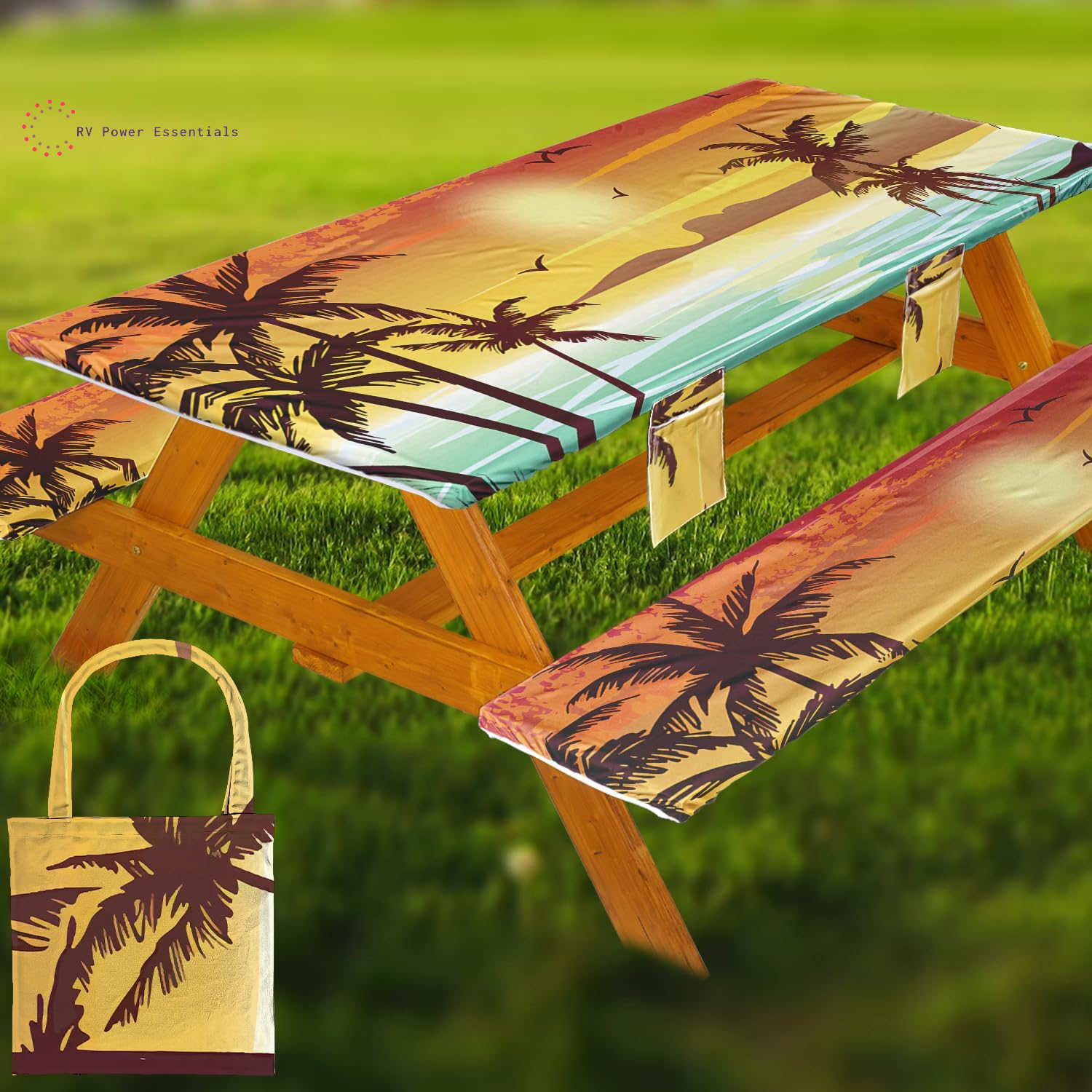 Fitted Waterproof Vinyl Picnic Table & Bench Cover Set – Elastic Edge, Spill-Proof, Easy-Clean Design | Perfect for RV Trips, Camping, Tailgates & Outdoor Adventures