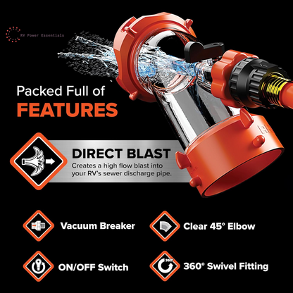 Camco Rhino Blaster RV Tank Rinser w/ Backflow Preventer | Deep-Clean Your RV Waste Tank & Eliminate Odors Fast | Premium Camper Sewer Maintenance Tool 